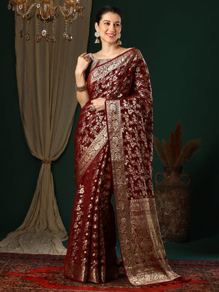 NOZ2TOZ Women's Georgette Maroon Woven Design Designer Saree With Blouse Piece - Distacart