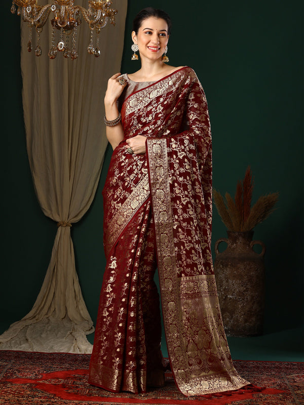 NOZ2TOZ Women's Georgette Maroon Woven Design Designer Saree With Blouse Piece - Distacart