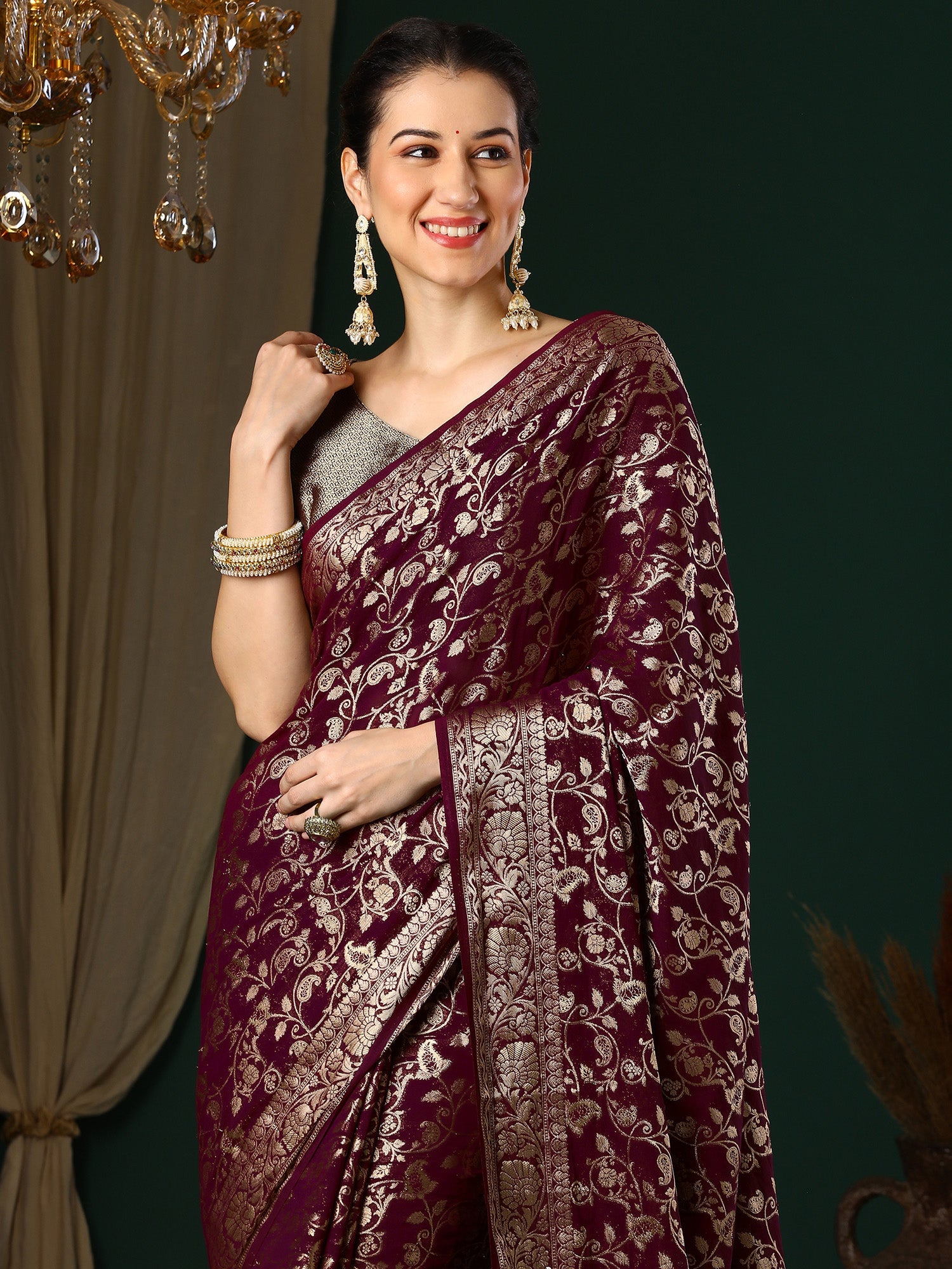 NOZ2TOZ Women's Georgette Magenta Woven Design Designer Saree With Blouse Piece - Distacart