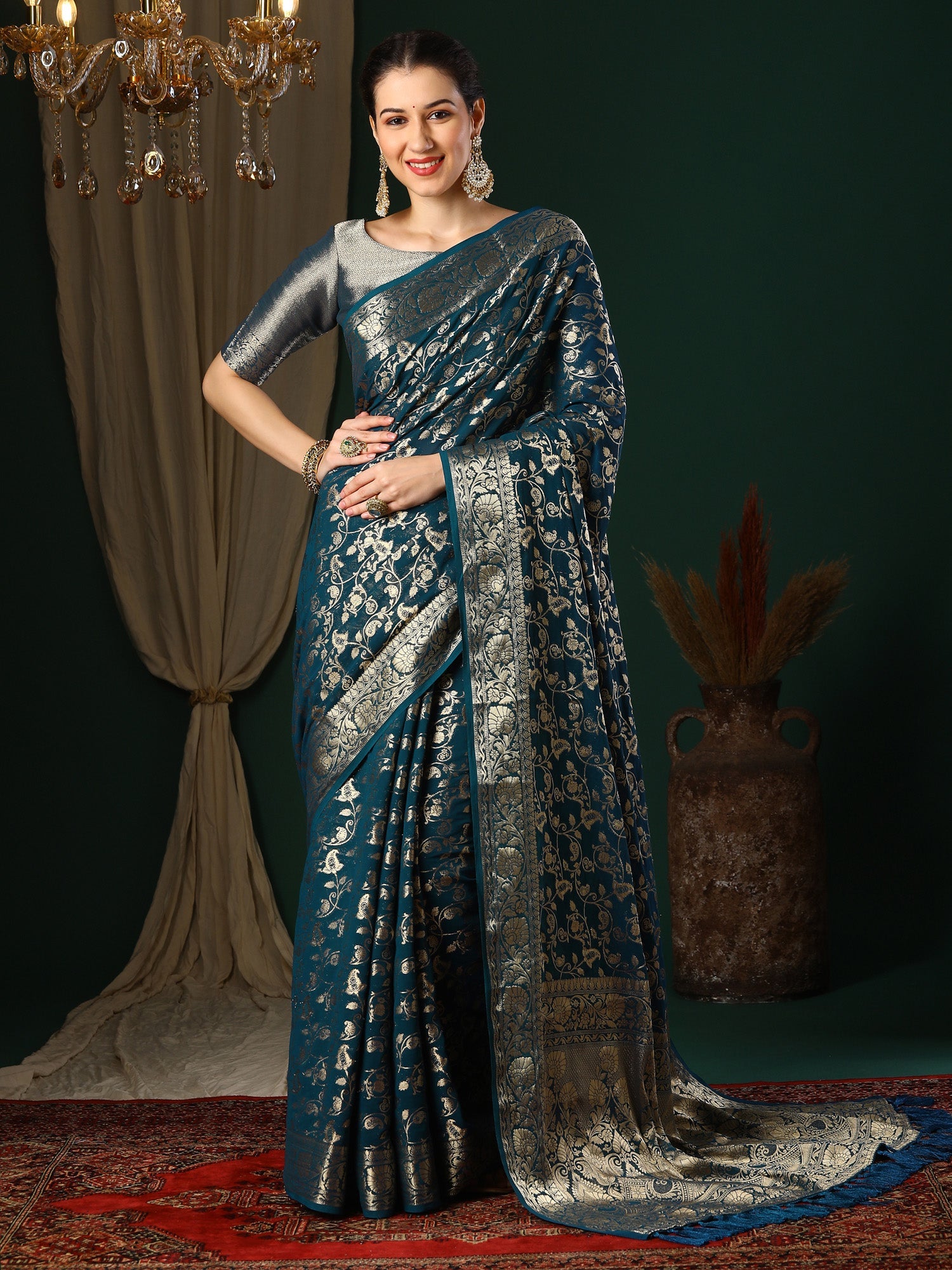 NOZ2TOZ Women's Georgette Teal blue Woven Design Designer Saree With Blouse Piece - Distacart