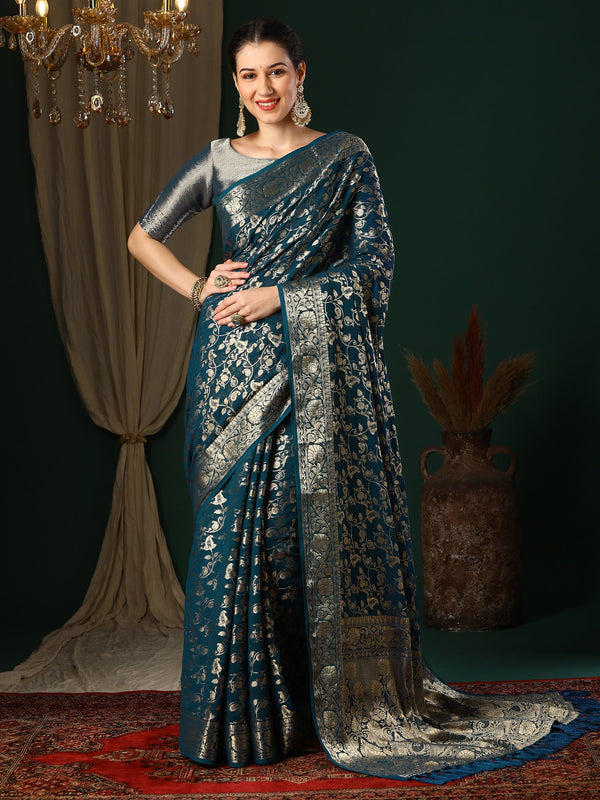 NOZ2TOZ Women's Georgette Teal blue Woven Design Designer Saree With Blouse Piece - Distacart