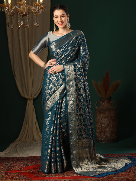 NOZ2TOZ Women's Georgette Teal blue Woven Design Designer Saree With Blouse Piece - Distacart