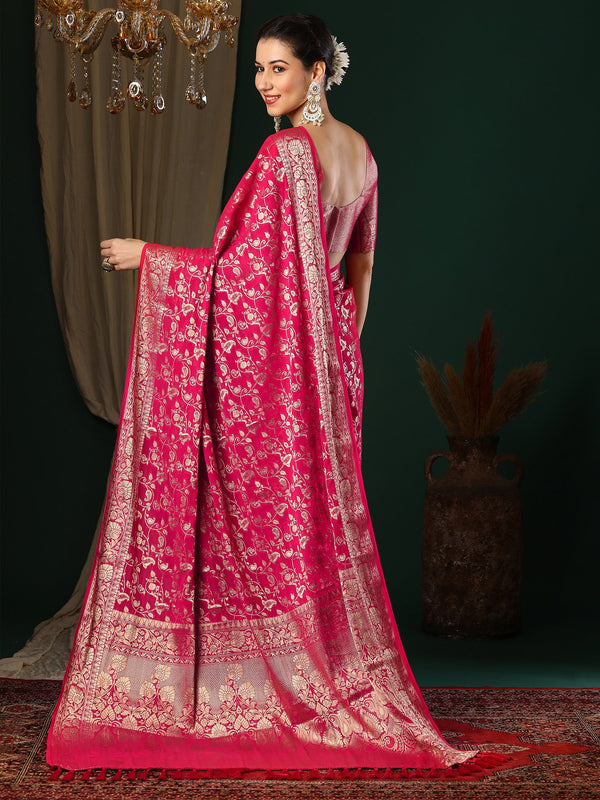 NOZ2TOZ Women's Georgette Pink Woven Design Designer Saree With Blouse Piece - Distacart