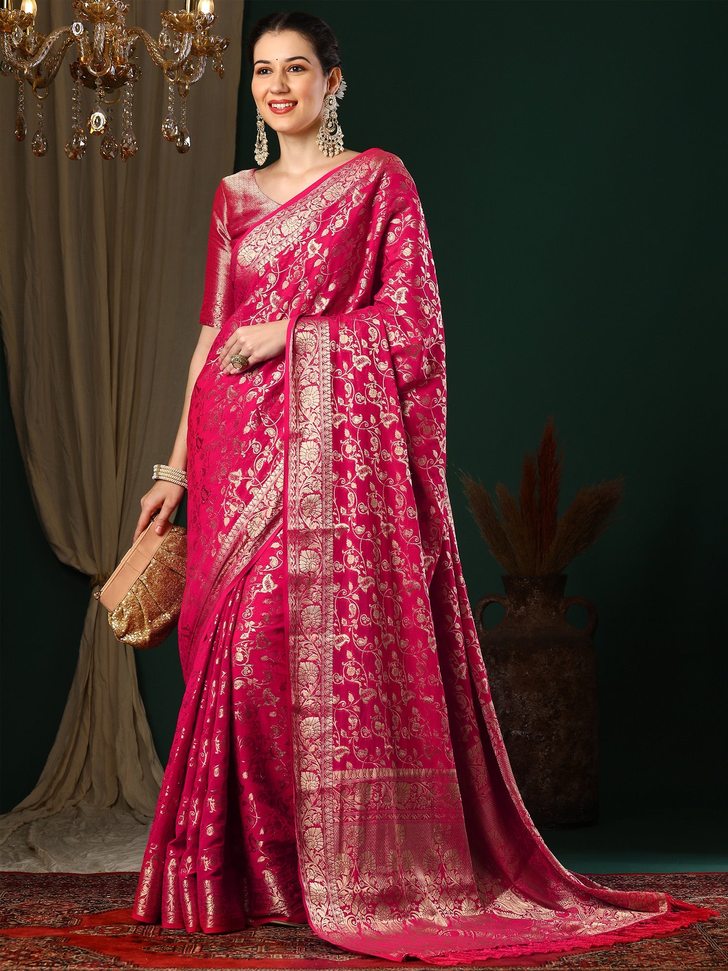 NOZ2TOZ Women's Georgette Pink Woven Design Designer Saree With Blouse Piece - Distacart