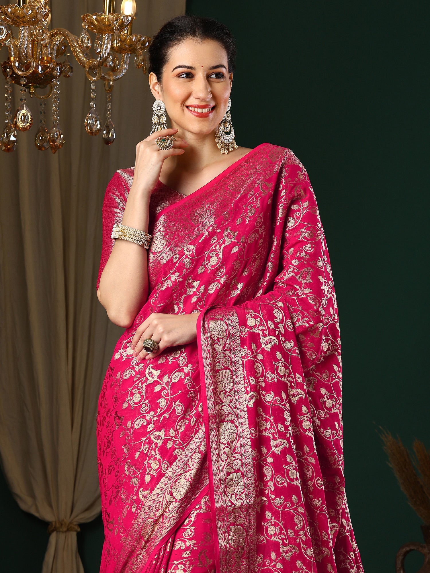NOZ2TOZ Women's Georgette Pink Woven Design Designer Saree With Blouse Piece - Distacart