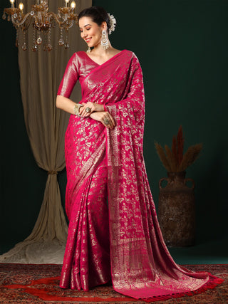 NOZ2TOZ Women's Georgette Pink Woven Design Designer Saree With Blouse Piece - Distacart
