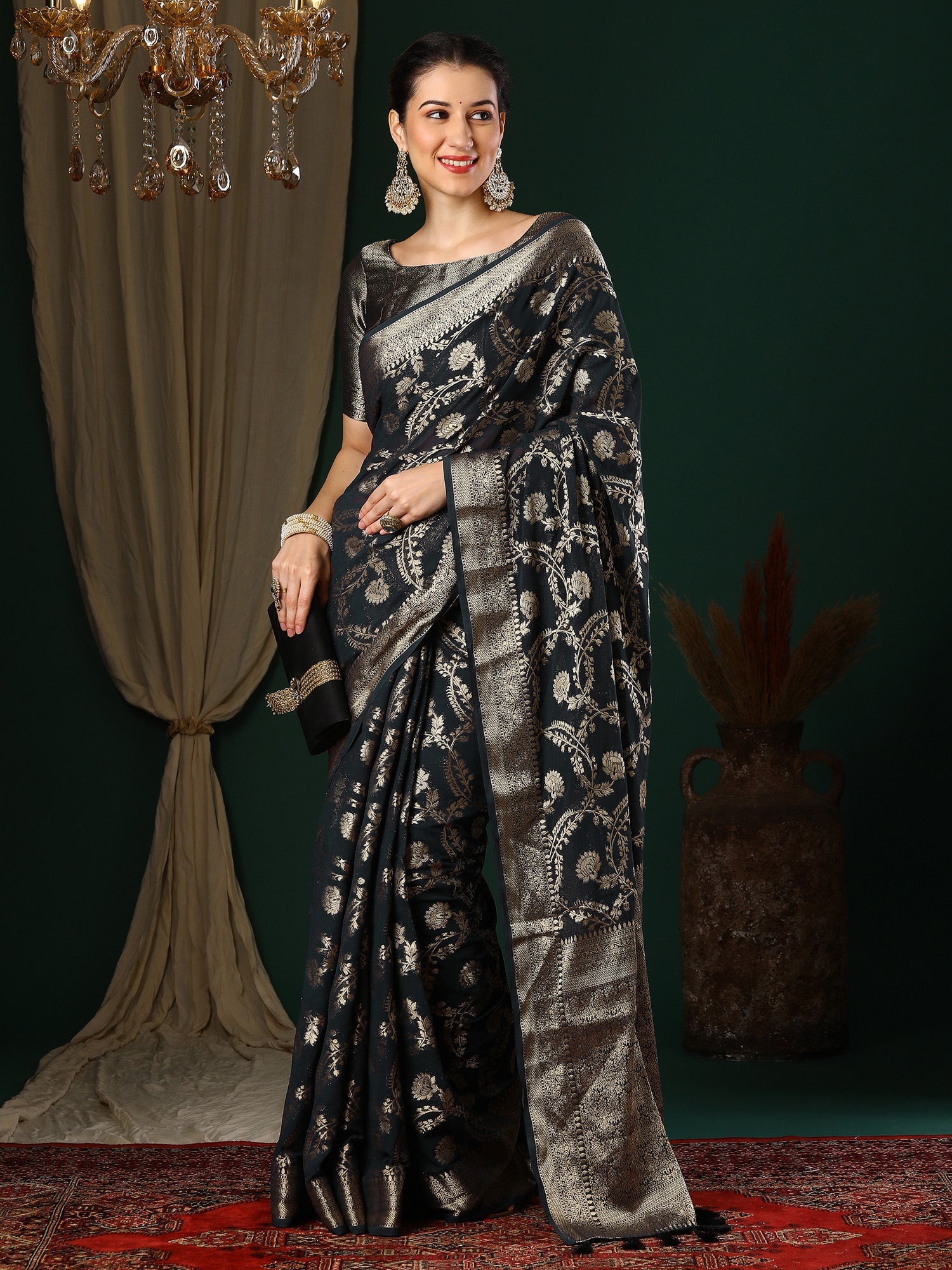 NOZ2TOZ Women's Georgette Black Woven Design Designer Saree With Blouse Piece - Distacart