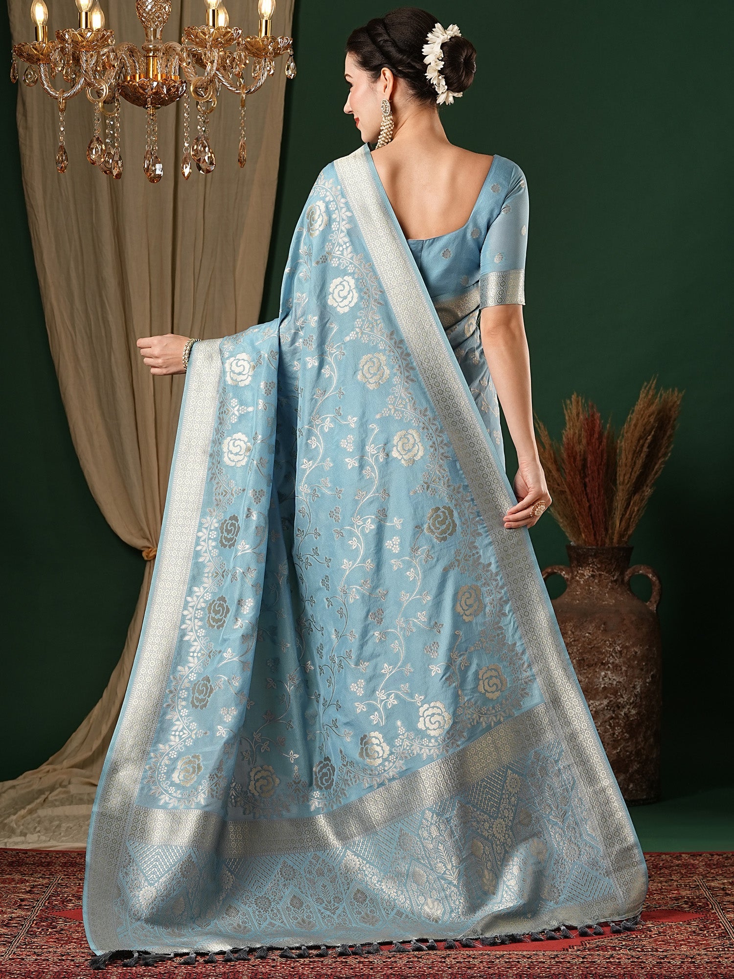 NOZ2TOZ Women's Georgette Light Blue Woven Design Designer Saree With Blouse Piece - Distacart