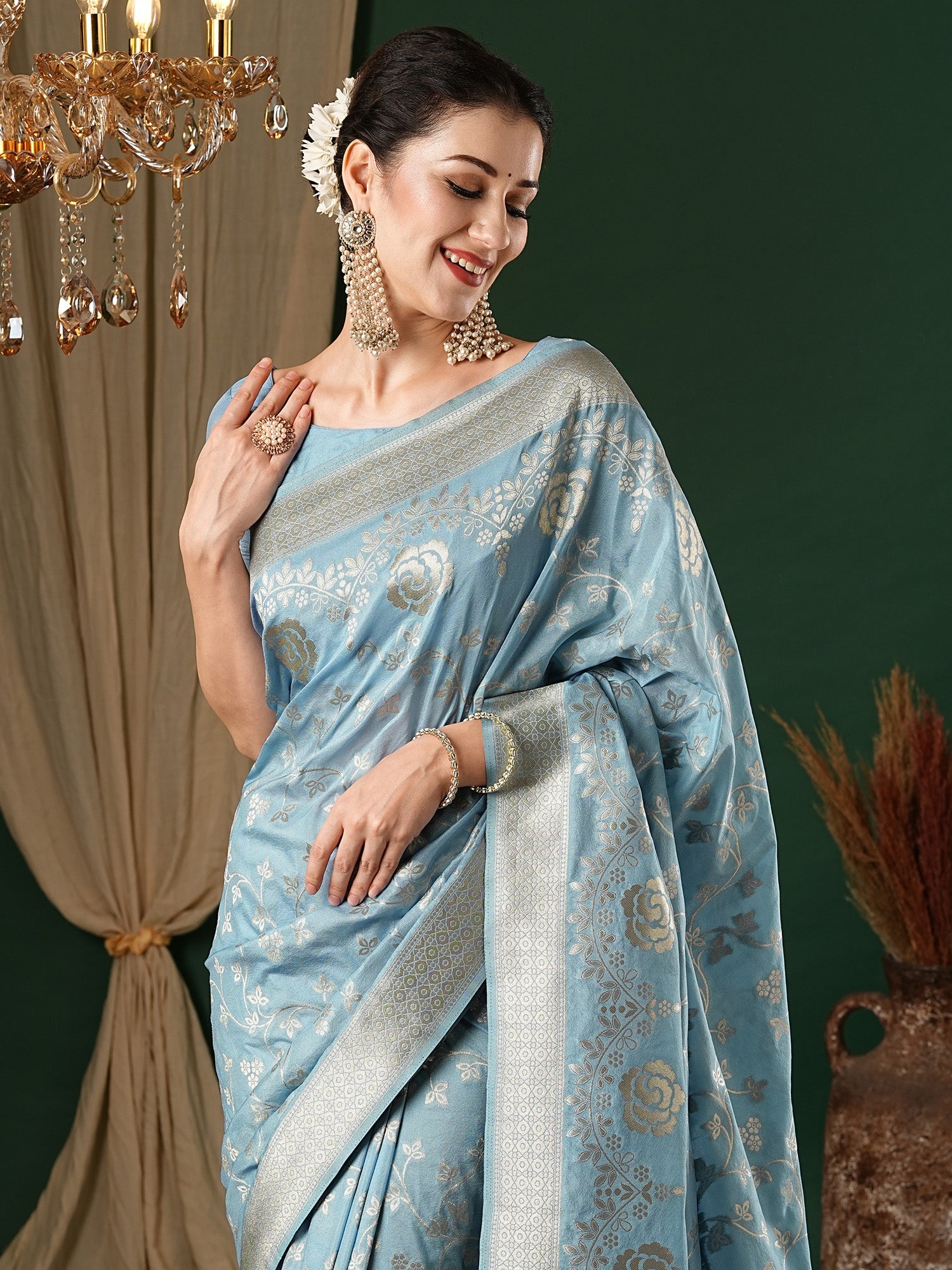 NOZ2TOZ Women's Georgette Light Blue Woven Design Designer Saree With Blouse Piece - Distacart