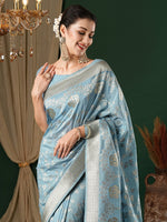 Thumbnail for NOZ2TOZ Women's Georgette Light Blue Woven Design Designer Saree With Blouse Piece - Distacart