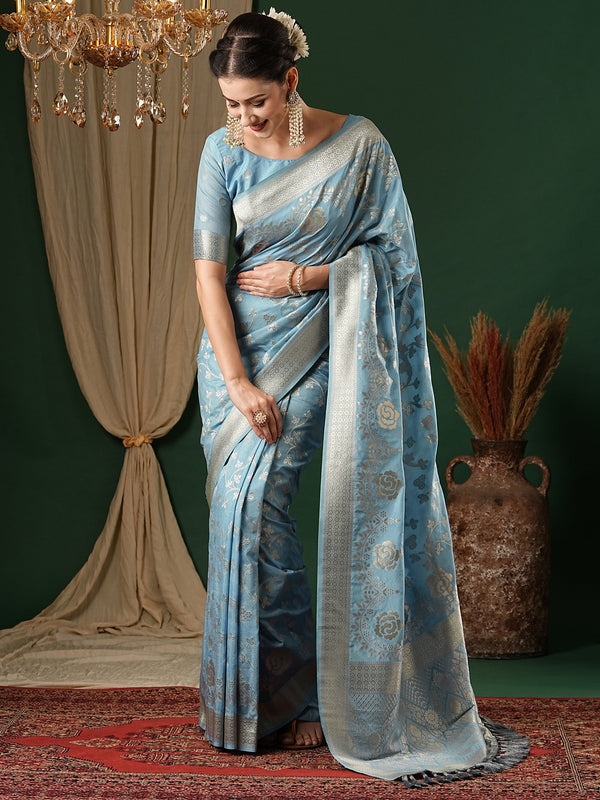 NOZ2TOZ Women's Georgette Light Blue Woven Design Designer Saree With Blouse Piece - Distacart