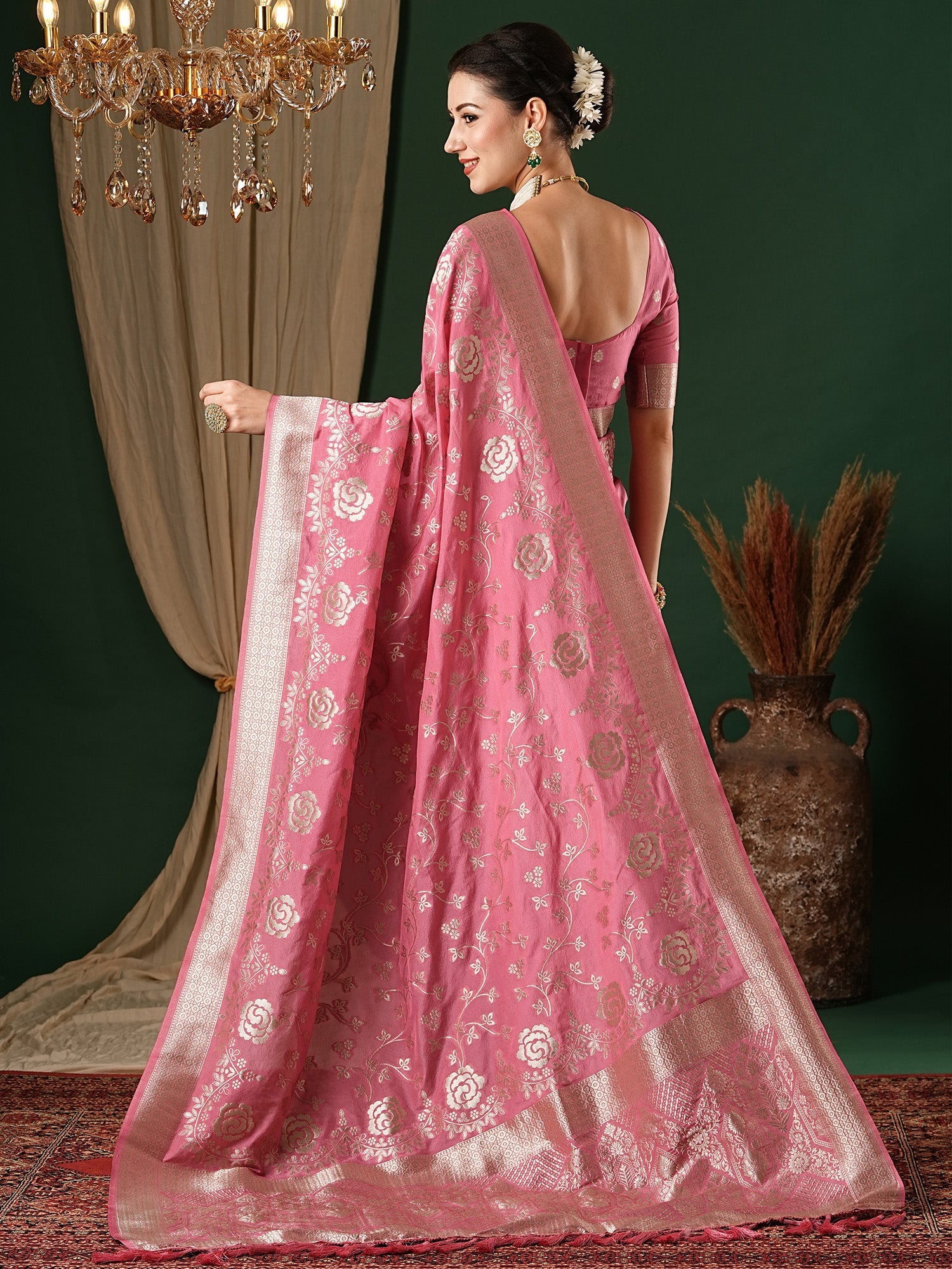 NOZ2TOZ Women's Georgette Pink Woven Design Designer Saree With Blouse Piece - Distacart