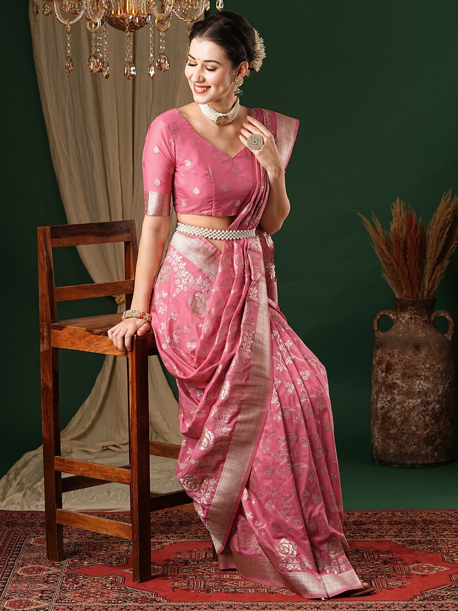 NOZ2TOZ Women's Georgette Pink Woven Design Designer Saree With Blouse Piece - Distacart