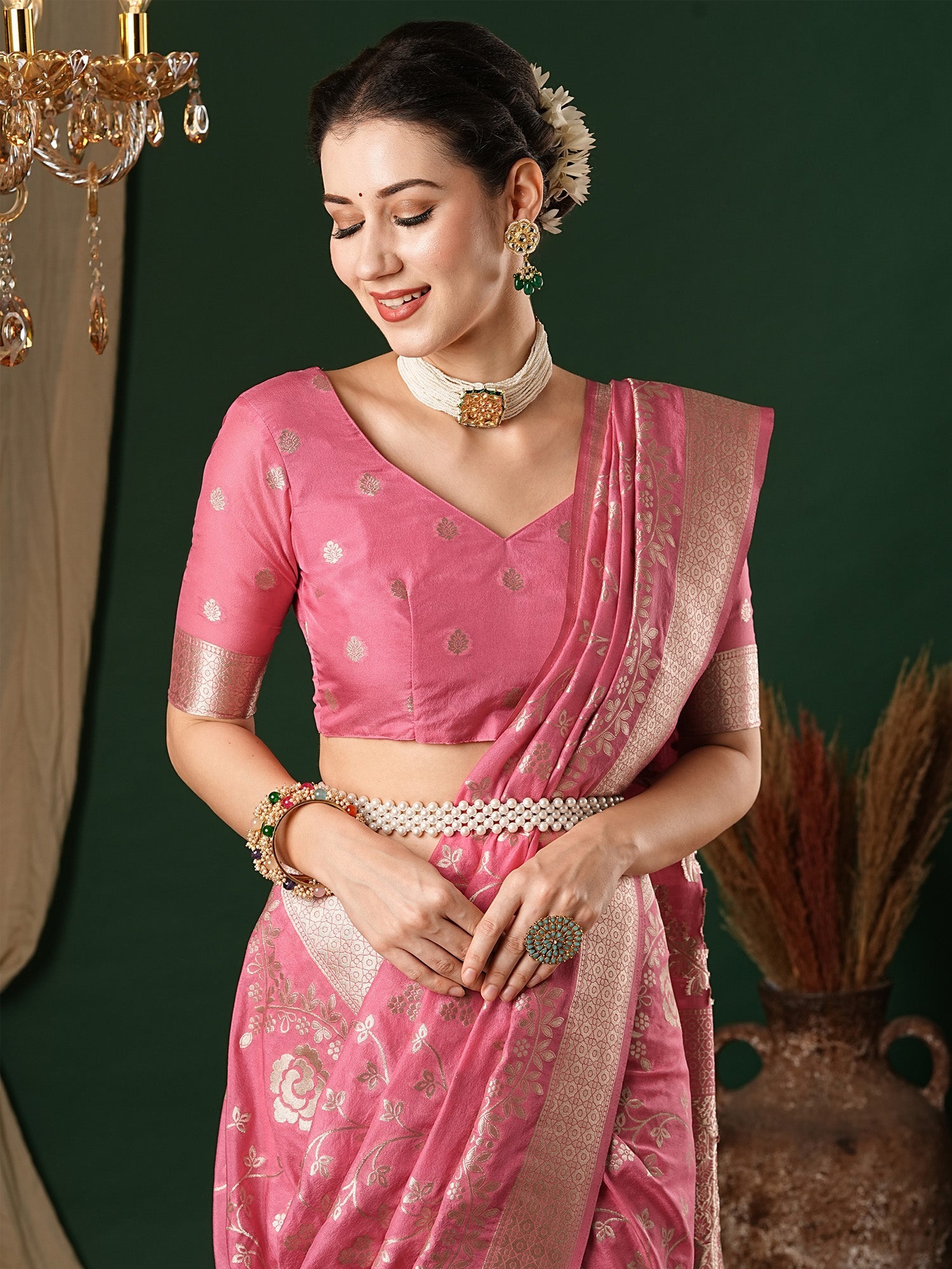 NOZ2TOZ Women's Georgette Pink Woven Design Designer Saree With Blouse Piece - Distacart