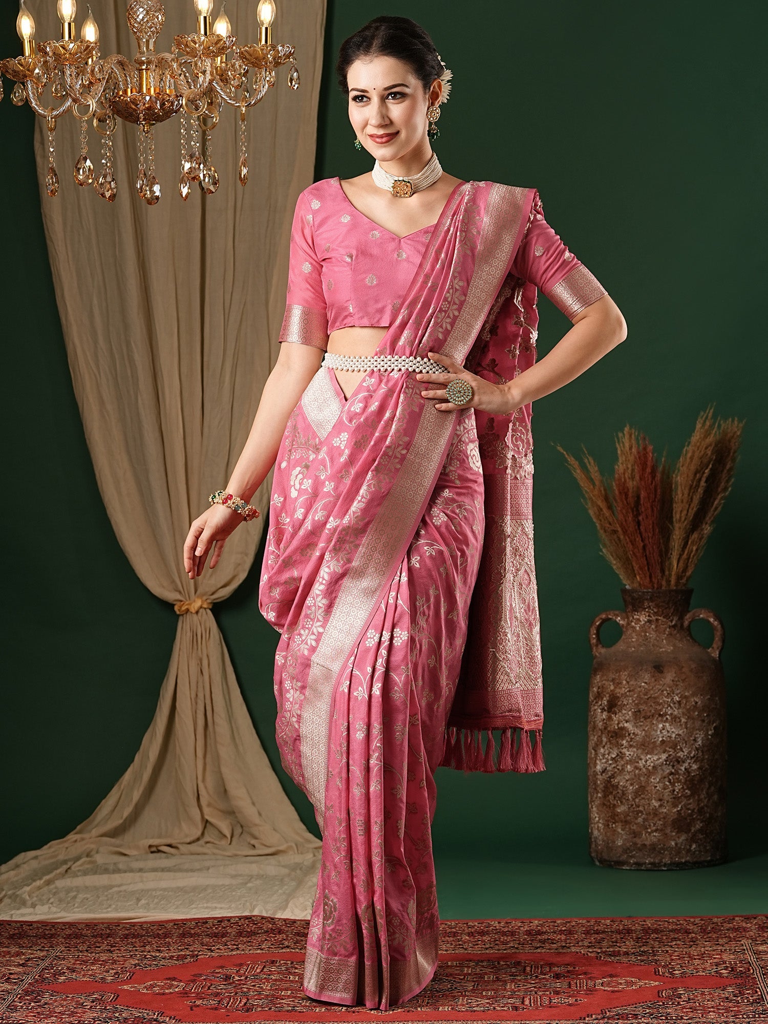 NOZ2TOZ Women's Georgette Pink Woven Design Designer Saree With Blouse Piece - Distacart