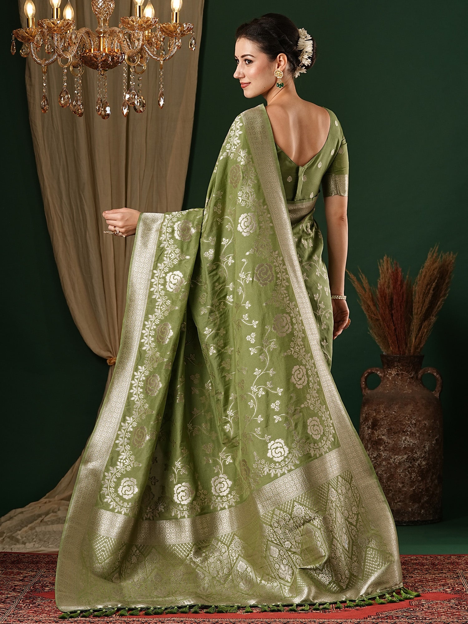 NOZ2TOZ Women's Georgette Olive Woven Design Designer Saree With Blouse Piece - Distacart