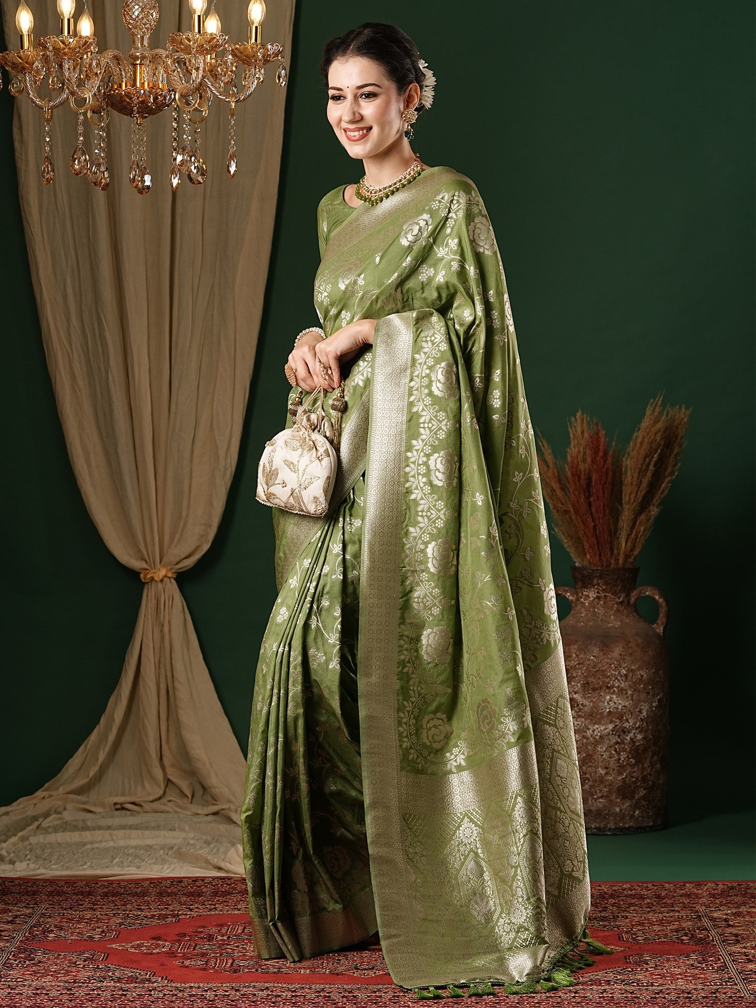NOZ2TOZ Women's Georgette Olive Woven Design Designer Saree With Blouse Piece - Distacart