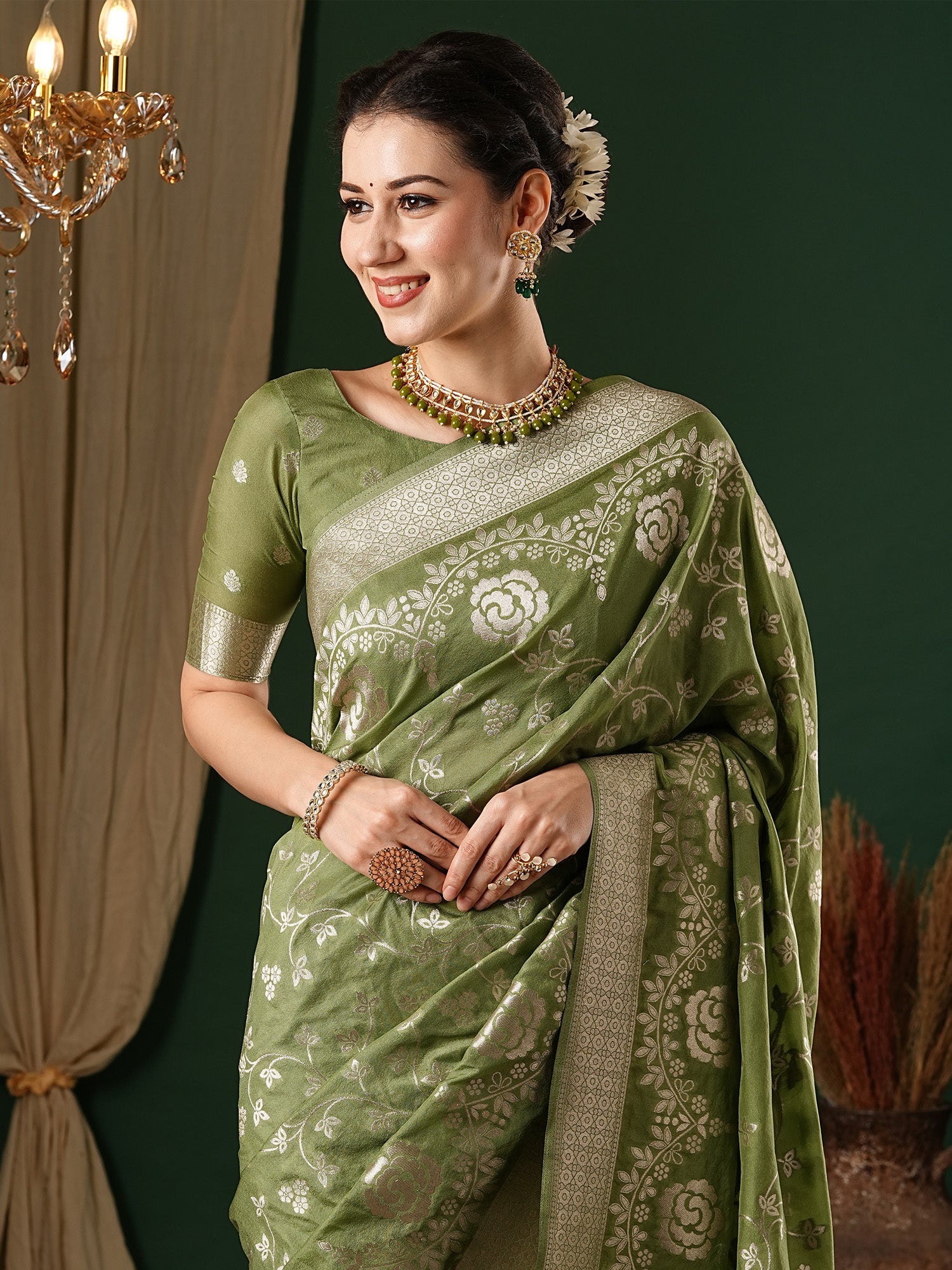 NOZ2TOZ Women's Georgette Olive Woven Design Designer Saree With Blouse Piece - Distacart