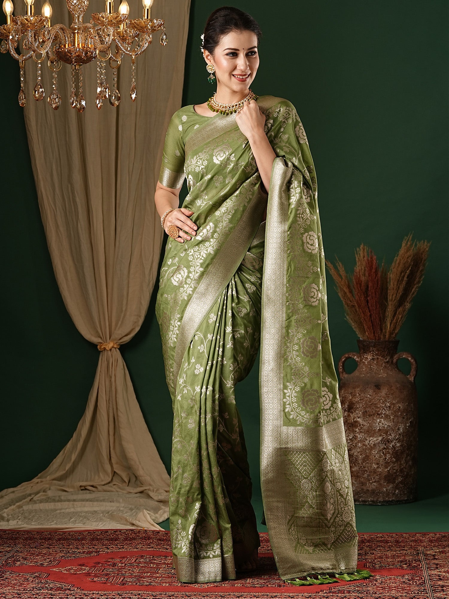NOZ2TOZ Women's Georgette Olive Woven Design Designer Saree With Blouse Piece - Distacart