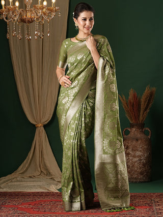 NOZ2TOZ Women's Georgette Olive Woven Design Designer Saree With Blouse Piece - Distacart