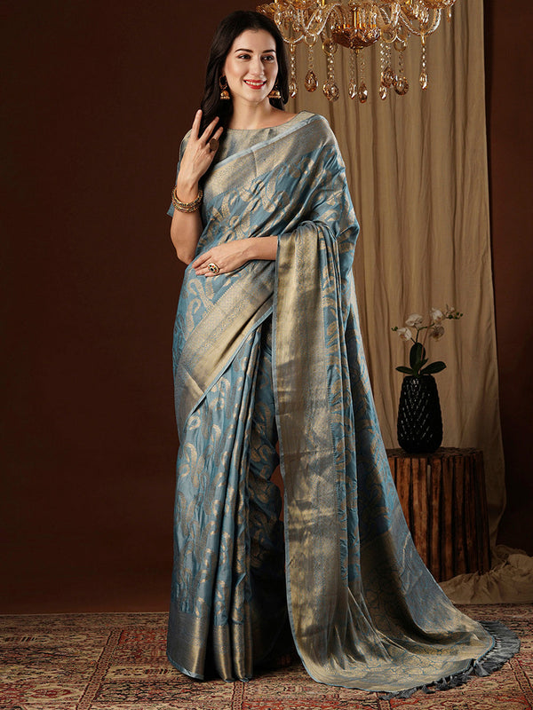 NOZ2TOZ Women's Viscose Silk Blue Woven Design Designer Saree With Blouse Piece - Distacart