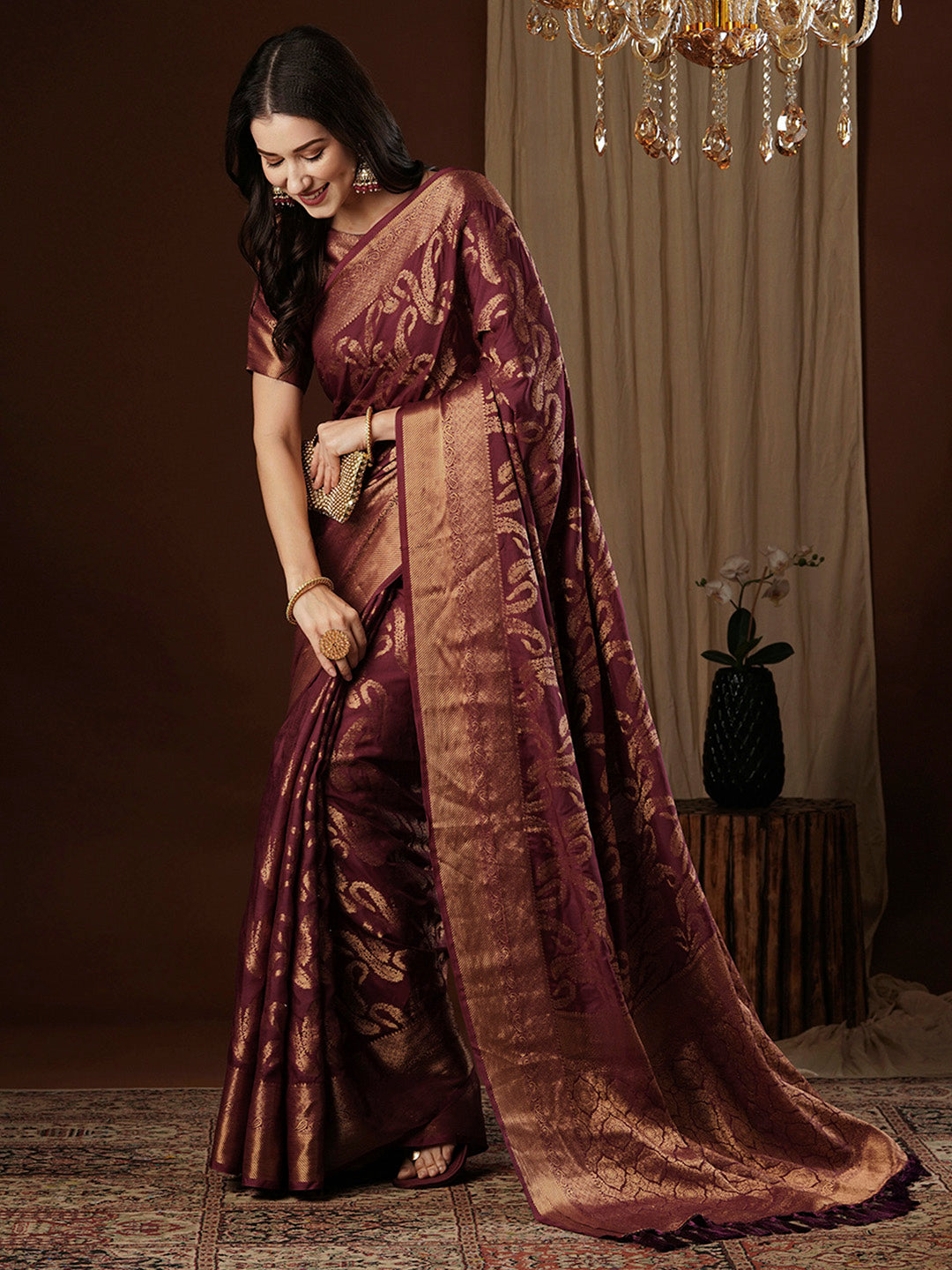 NOZ2TOZ Women's Viscose Silk Burgundy Woven Design Designer Saree With Blouse Piece - Distacart