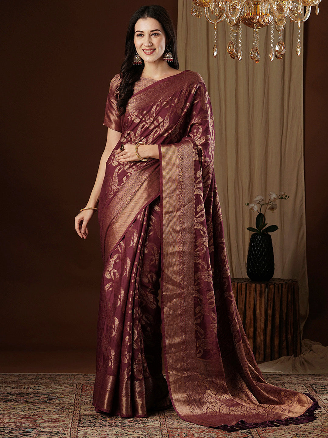 NOZ2TOZ Women's Viscose Silk Burgundy Woven Design Designer Saree With Blouse Piece - Distacart