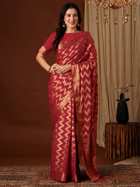 NOZ2TOZ Women's Georgette Red Woven Design Designer Saree With Blouse Piece - Distacart
