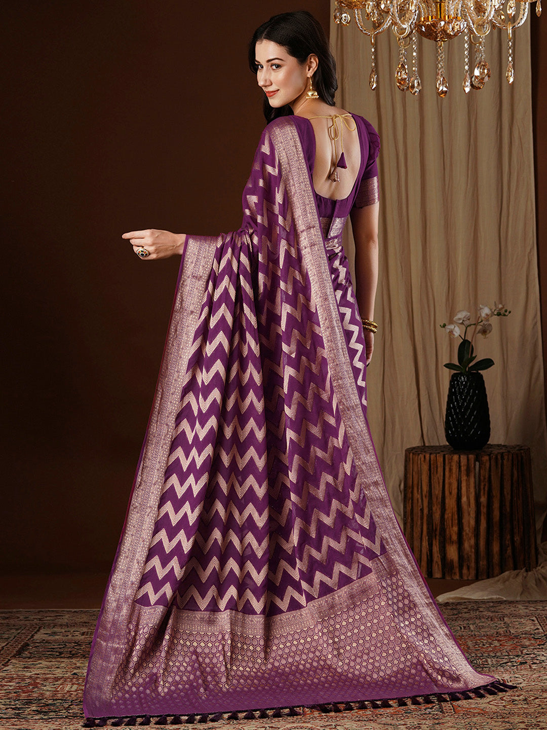 NOZ2TOZ Women's Georgette Purple Woven Design Designer Saree With Blouse Piece - Distacart