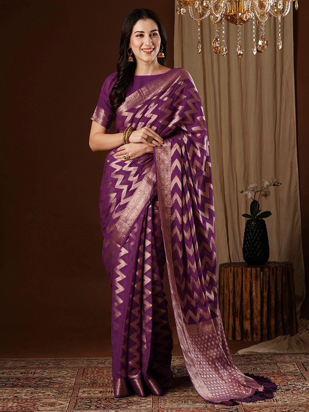 NOZ2TOZ Women's Georgette Purple Woven Design Designer Saree With Blouse Piece - Distacart