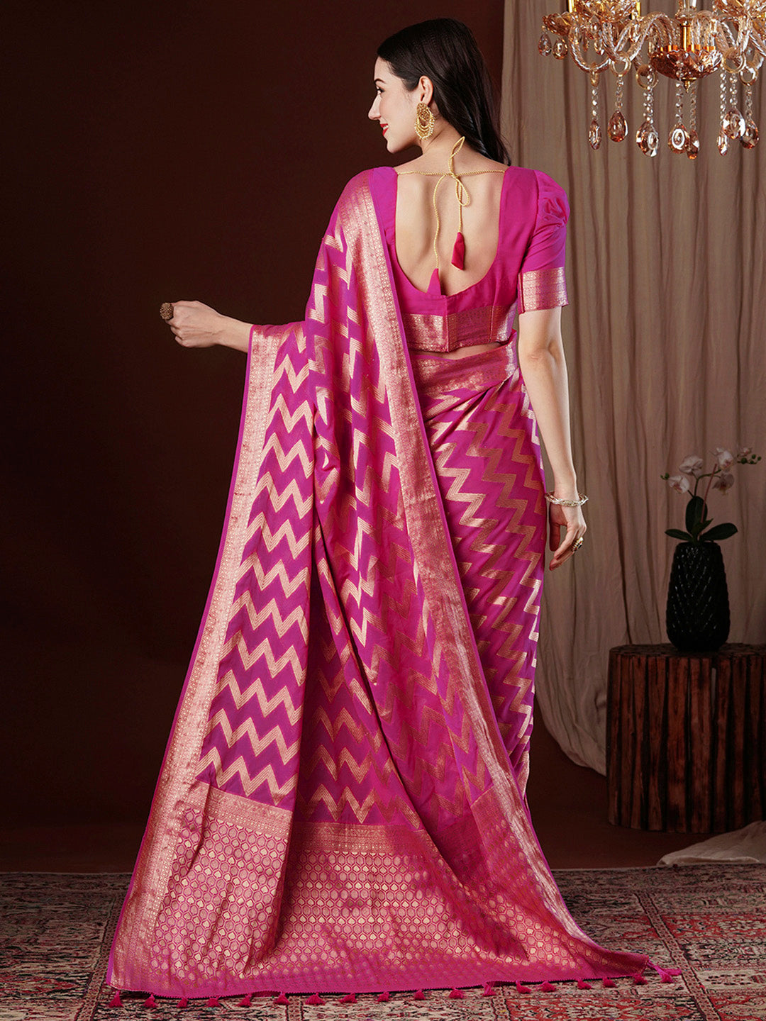 NOZ2TOZ Women's Georgette Pink Woven Design Designer Saree With Blouse Piece - Distacart
