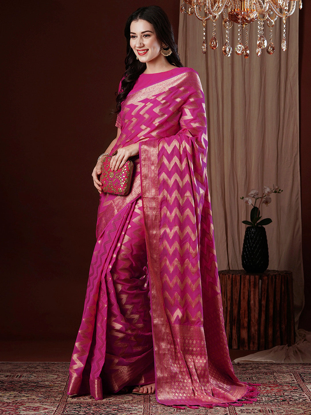 NOZ2TOZ Women's Georgette Pink Woven Design Designer Saree With Blouse Piece - Distacart