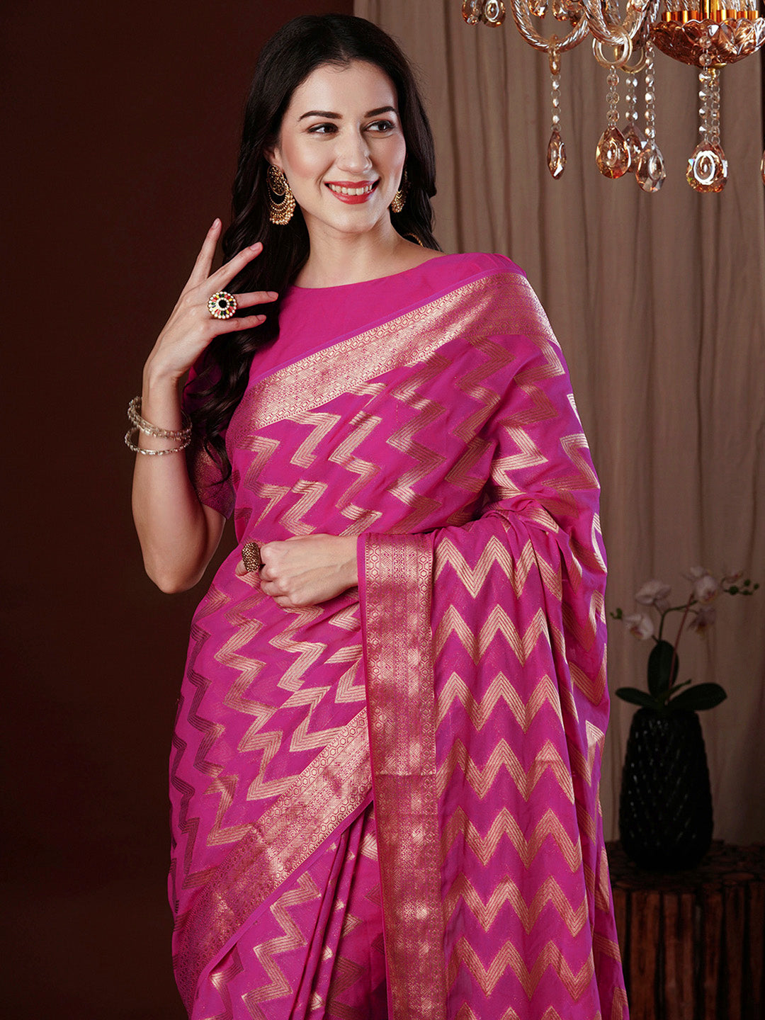 NOZ2TOZ Women's Georgette Pink Woven Design Designer Saree With Blouse Piece - Distacart