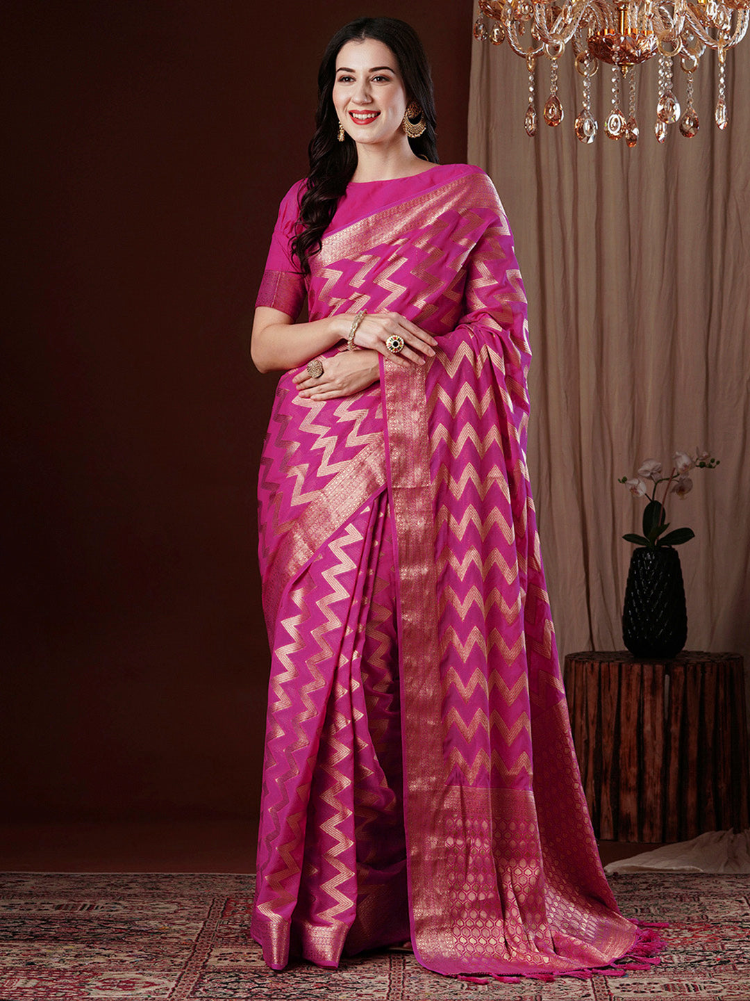 NOZ2TOZ Women's Georgette Pink Woven Design Designer Saree With Blouse Piece - Distacart