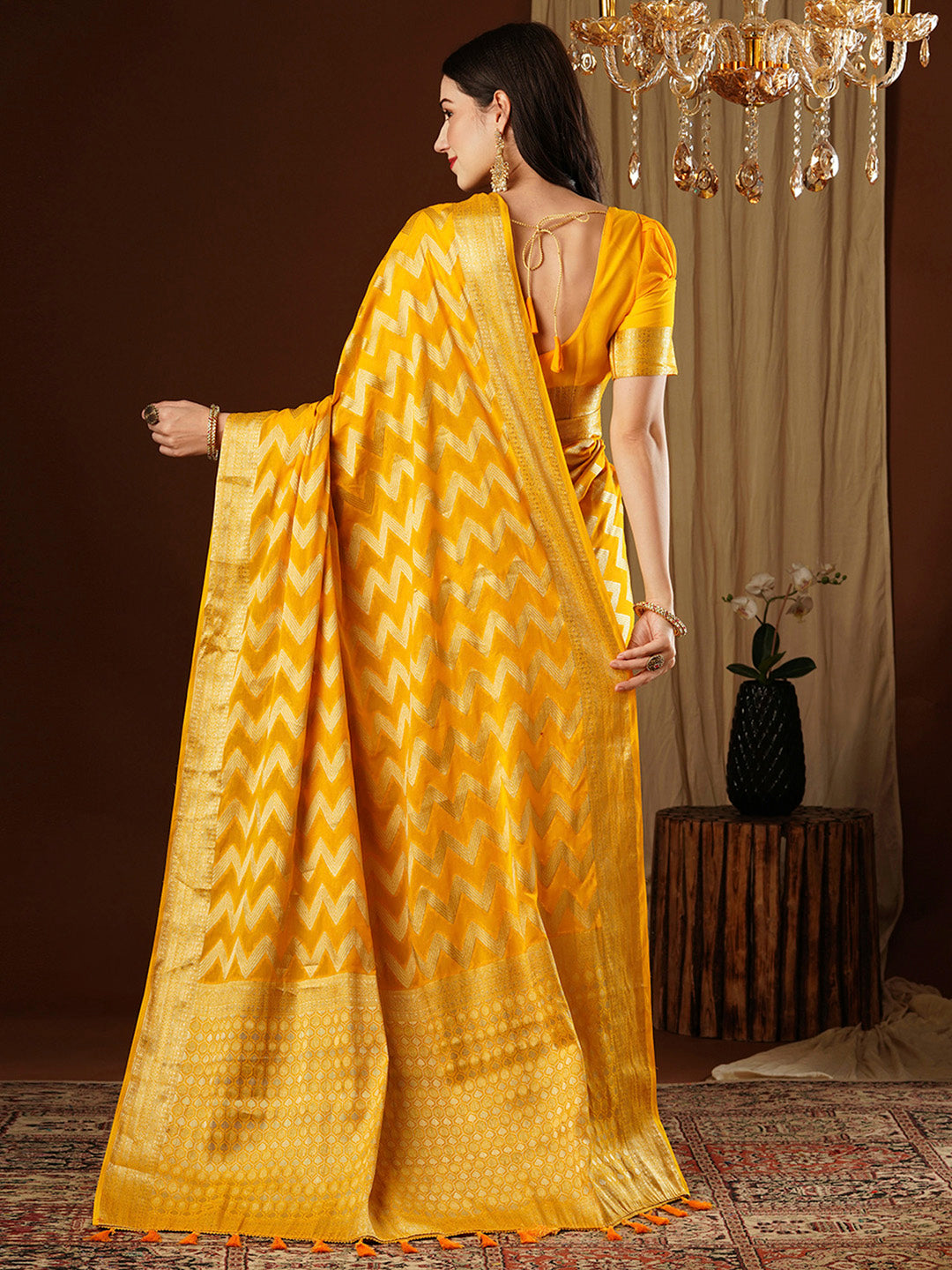NOZ2TOZ Women's Georgette Yellow Woven Design Designer Saree With Blouse Piece - Distacart