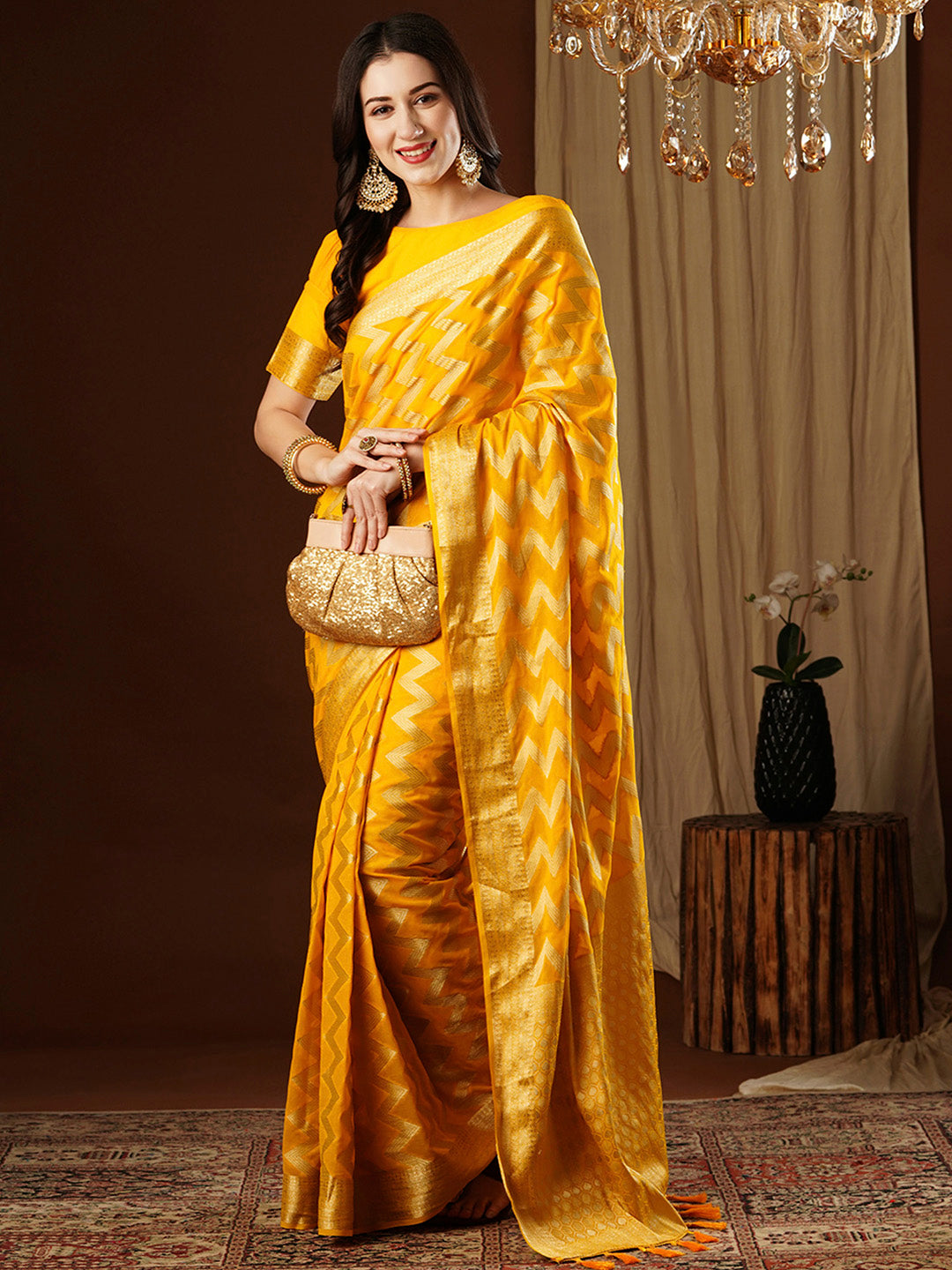 NOZ2TOZ Women's Georgette Yellow Woven Design Designer Saree With Blouse Piece - Distacart