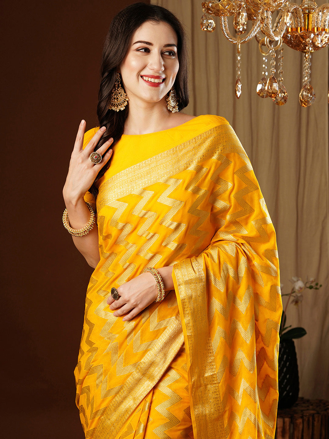 NOZ2TOZ Women's Georgette Yellow Woven Design Designer Saree With Blouse Piece - Distacart