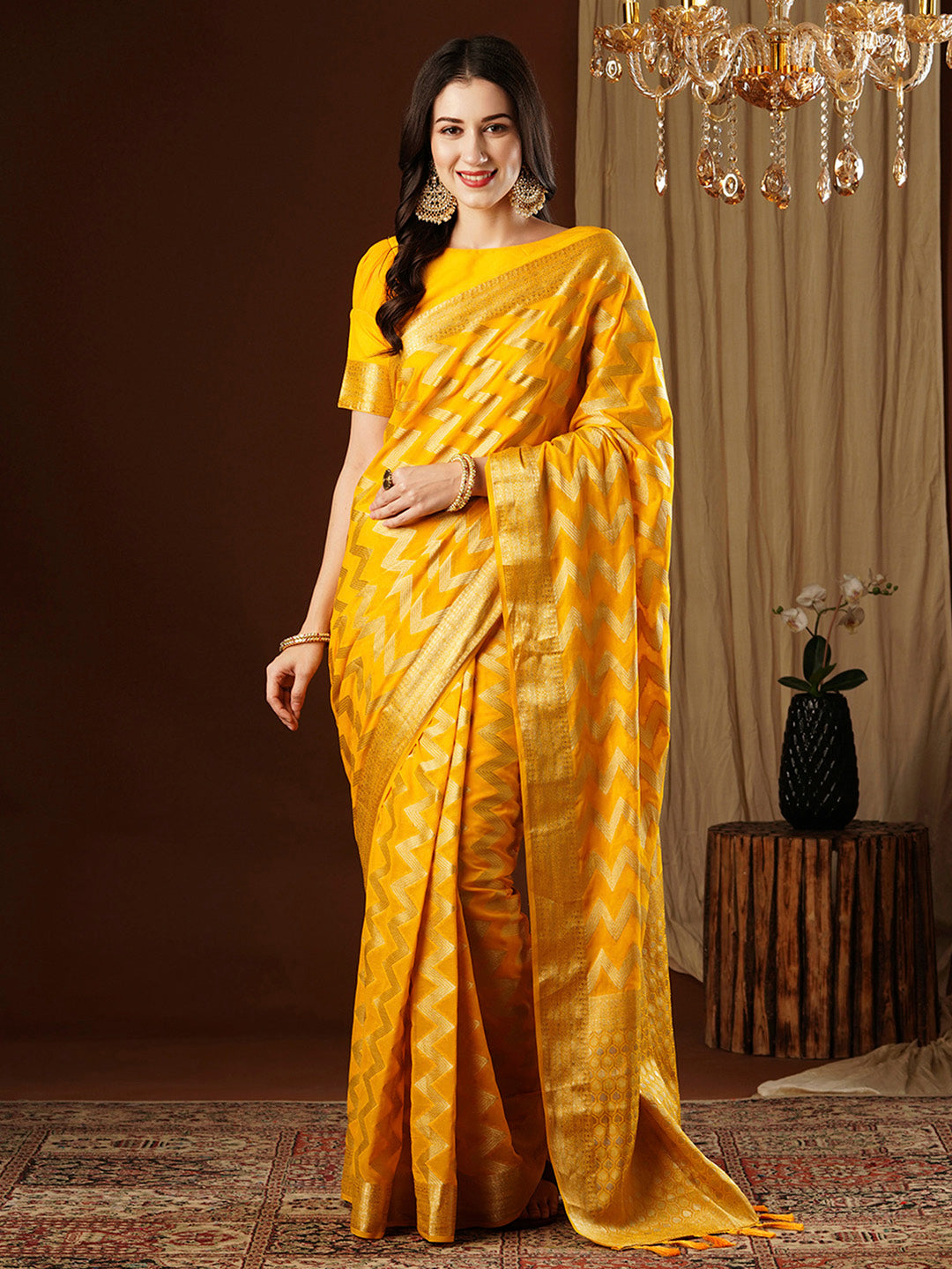 NOZ2TOZ Women's Georgette Yellow Woven Design Designer Saree With Blouse Piece - Distacart