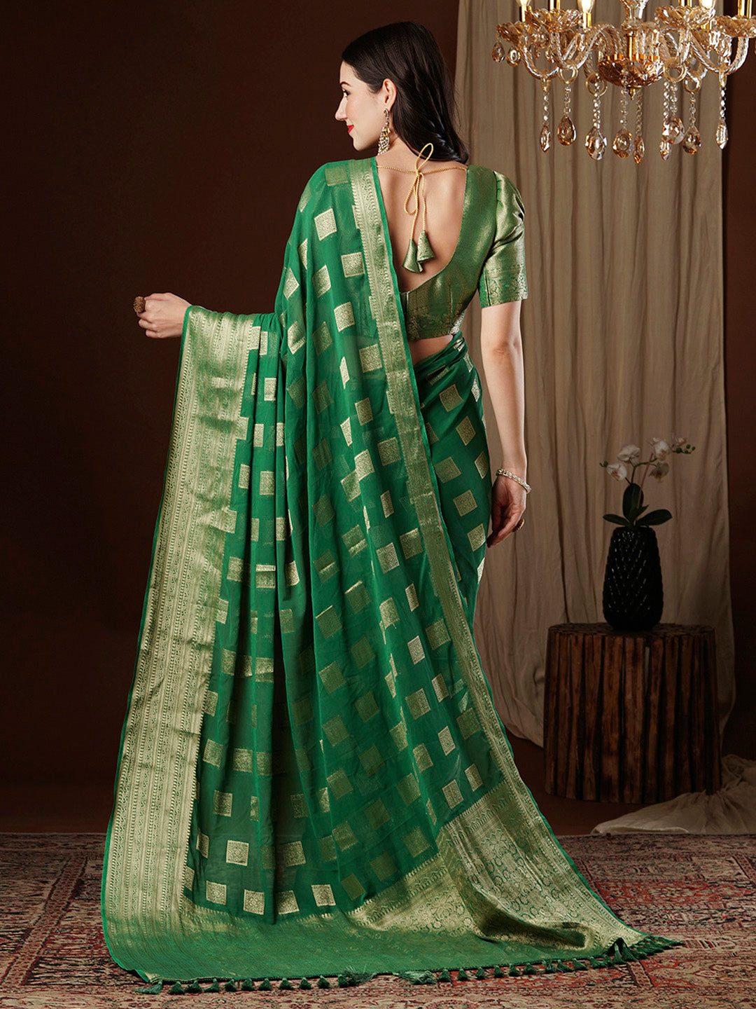 NOZ2TOZ Women's Georgette Green Woven Design Designer Saree With Blouse Piece - Distacart