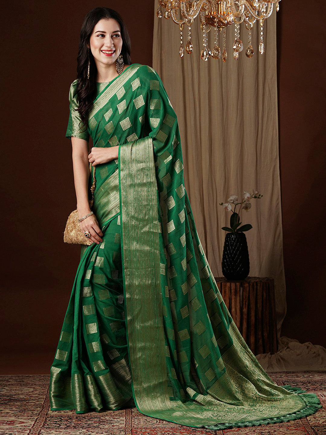 NOZ2TOZ Women's Georgette Green Woven Design Designer Saree With Blouse Piece - Distacart