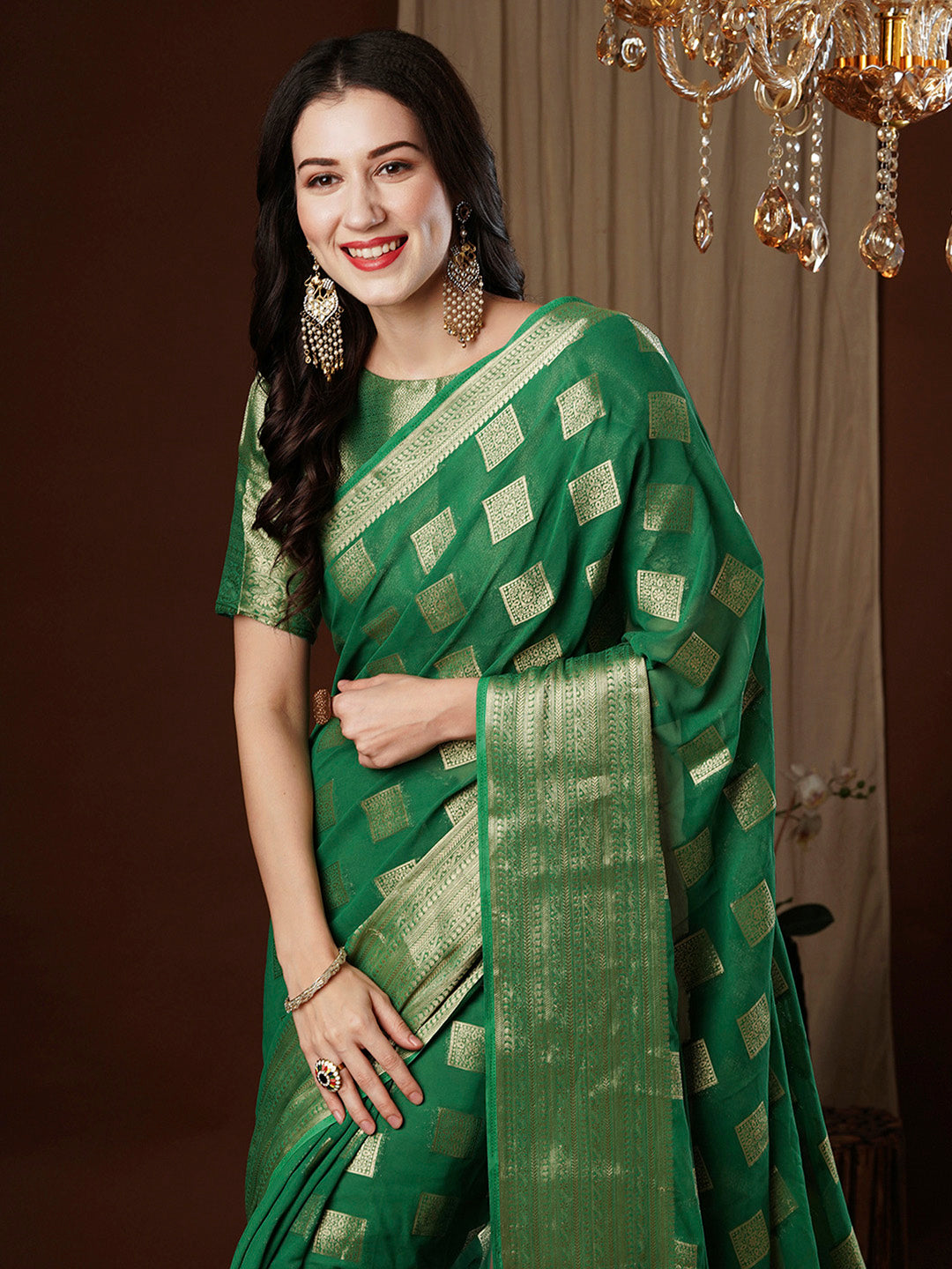 NOZ2TOZ Women's Georgette Green Woven Design Designer Saree With Blouse Piece - Distacart