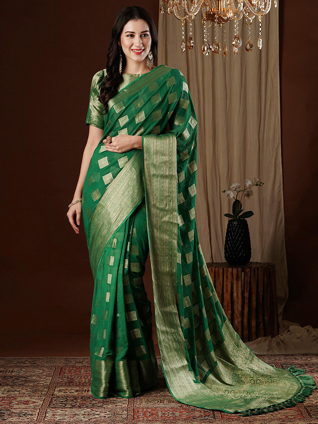 NOZ2TOZ Women's Georgette Green Woven Design Designer Saree With Blouse Piece - Distacart
