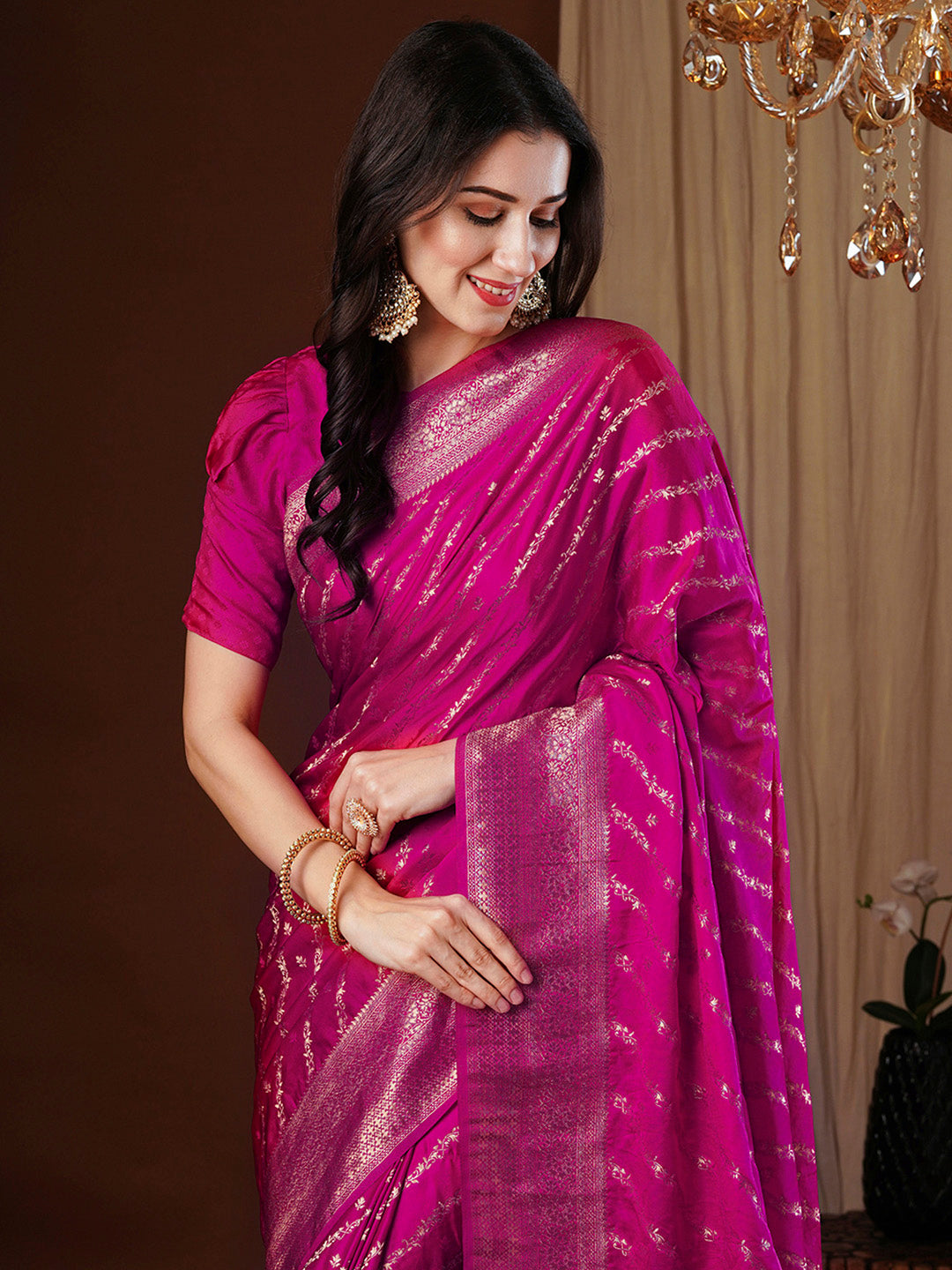 NOZ2TOZ Women's Satin Silk Pink Woven Design Designer Saree With Blouse Piece - Distacart