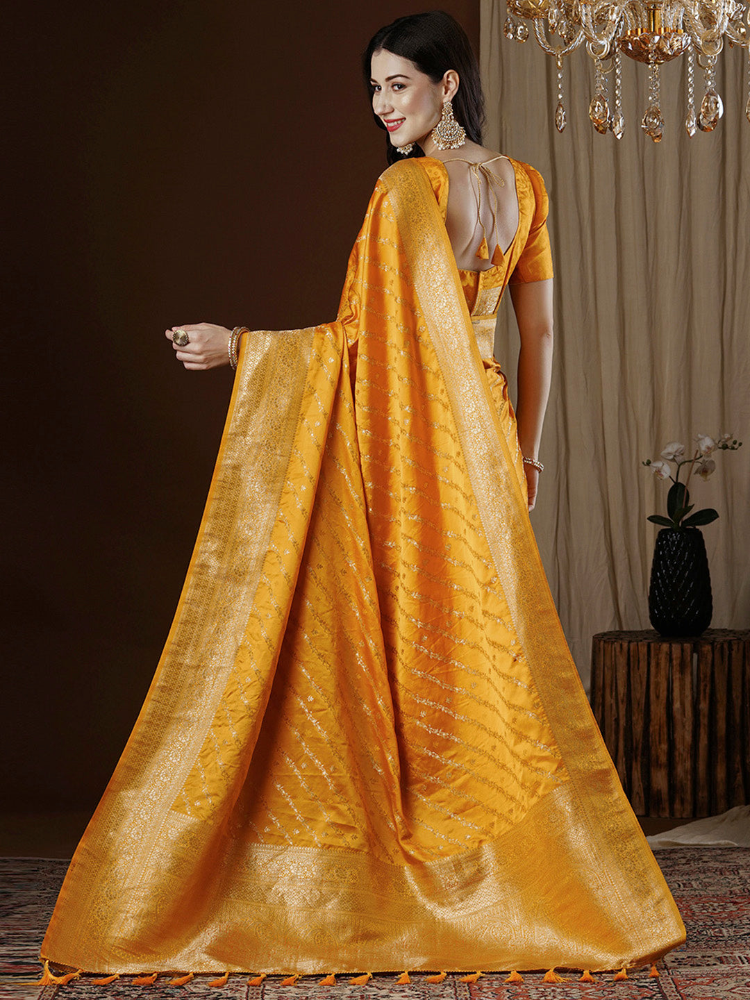NOZ2TOZ Women's Satin Silk Yellow Woven Design Designer Saree With Blouse Piece - Distacart