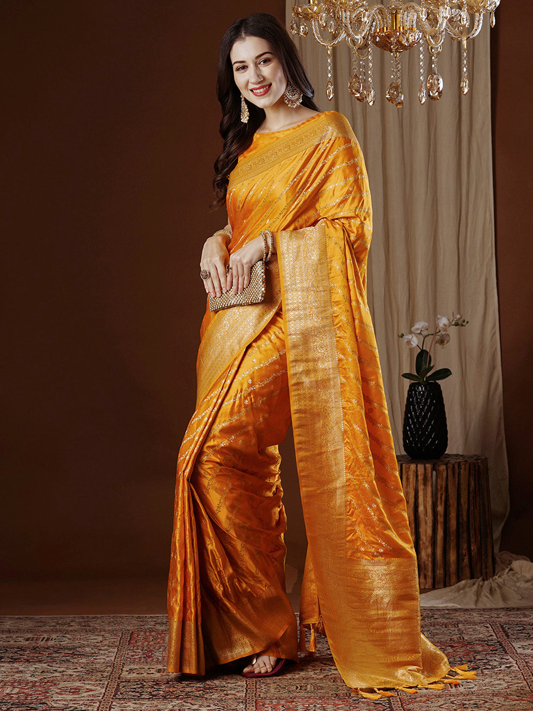 NOZ2TOZ Women's Satin Silk Yellow Woven Design Designer Saree With Blouse Piece - Distacart