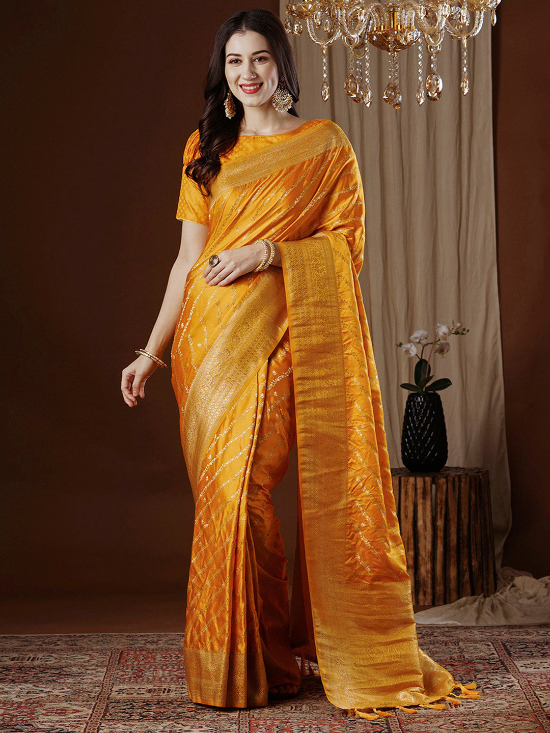 NOZ2TOZ Women's Satin Silk Yellow Woven Design Designer Saree With Blouse Piece - Distacart