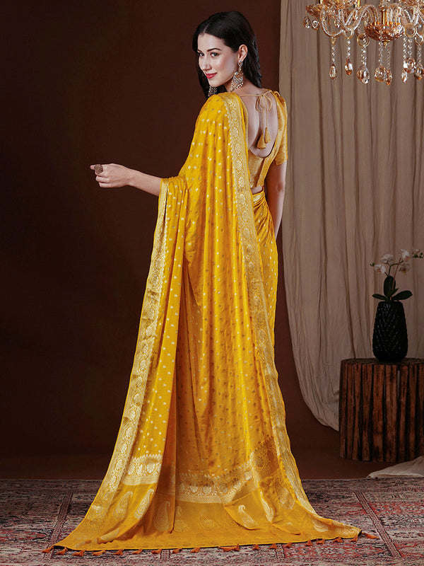 NOZ2TOZ Women's Georgette Yellow Woven Design Designer Saree With Blouse Piece - Distacart