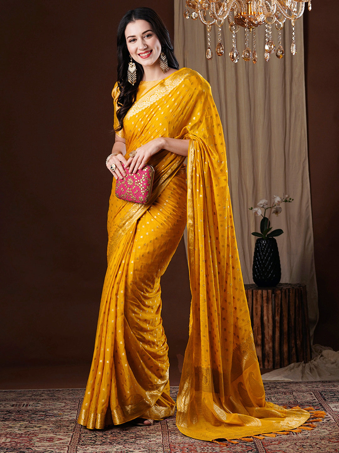 NOZ2TOZ Women's Georgette Yellow Woven Design Designer Saree With Blouse Piece - Distacart