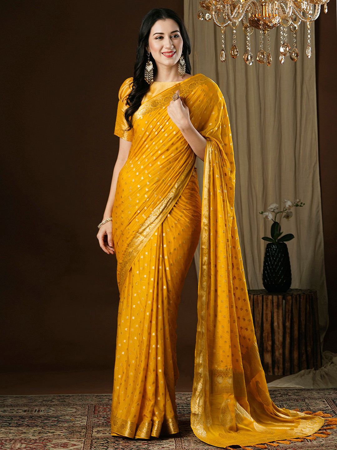 NOZ2TOZ Women's Georgette Yellow Woven Design Designer Saree With Blouse Piece - Distacart
