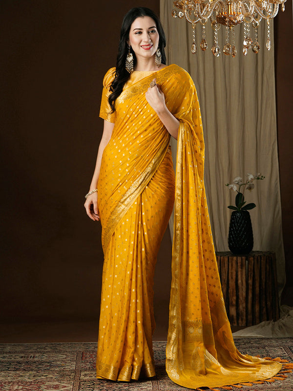 NOZ2TOZ Women's Georgette Yellow Woven Design Designer Saree With Blouse Piece - Distacart